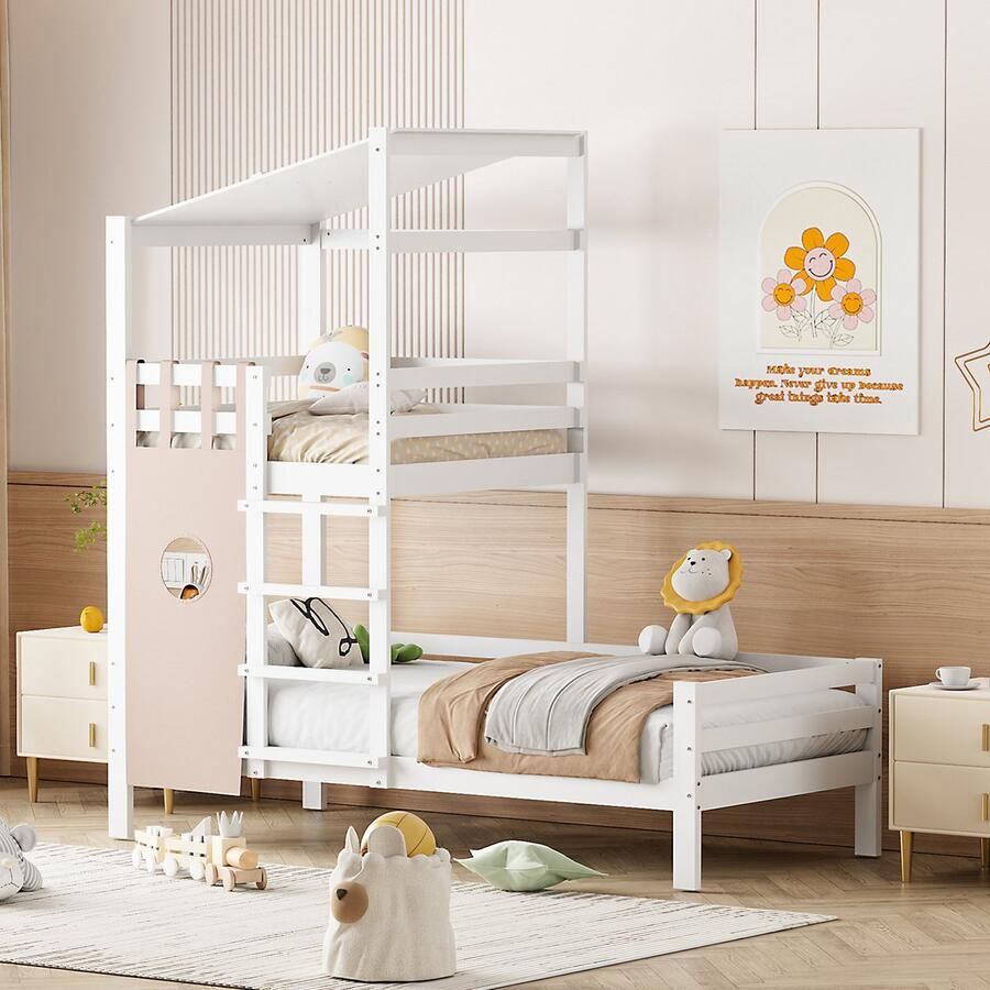 KOMHTOM Stapelbed Kinderbed 90x200 Etagenbett mit Dach Premium Massivholzbett mit Lattenrost Wit