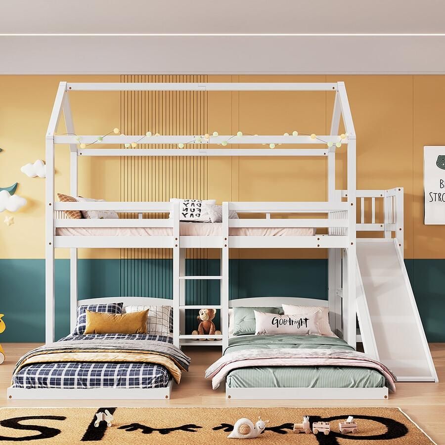 KOMHTOM Stapelbed Kinderbed 90x200 Kajuitbed met glijbaan met drie treden en dak Wit