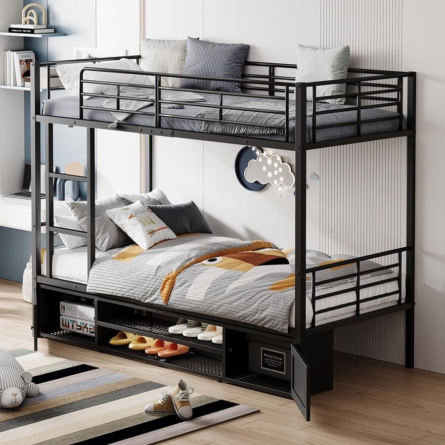 KOMHTOM Stapelbed Kinderbed 90x200 met Open schoenenkast Dubbeldeurs kleine opbergkast Zijladder Valbeveiligingsrooster Zwart