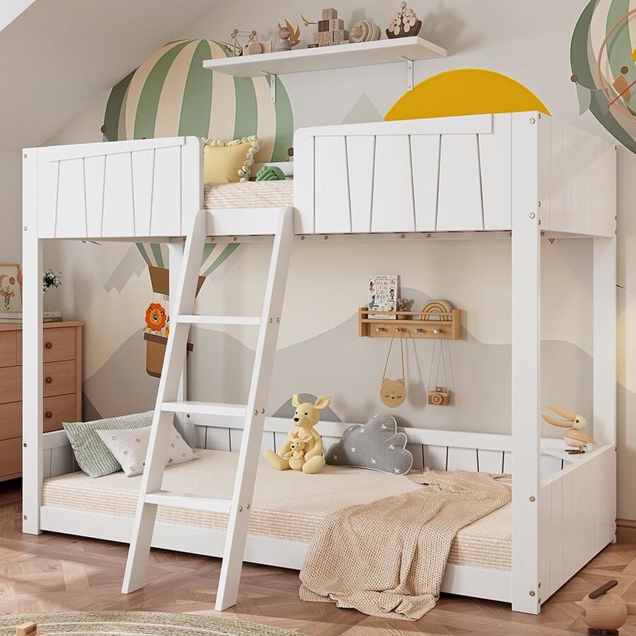 KOMHTOM Stapelbed Kinderbed 90x200 met Veiligheidshek Ontwerp Kiefer+MDF Wit