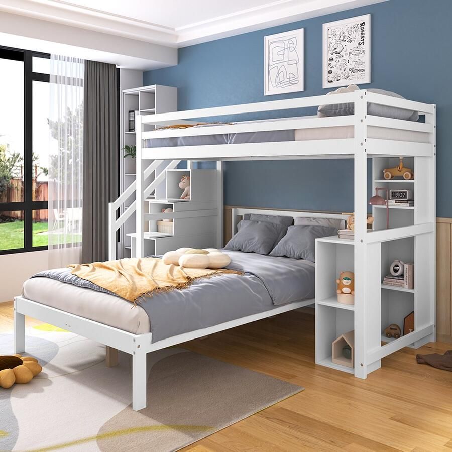 KOMHTOM Stapelbed Kinderbed 90x200+120x200 Met Opbergladder Met Zijplanken Den+MDF Wit