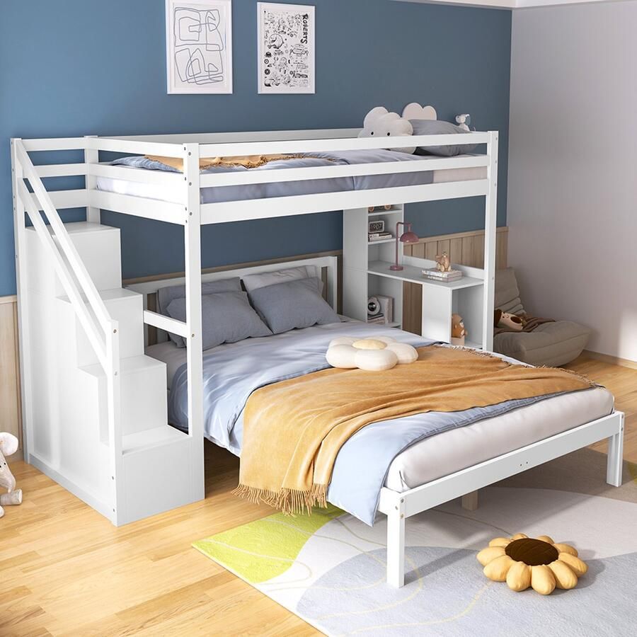 KOMHTOM Stapelbed Kinderbed 90x200+140x200 Met Opbergladder Met Zijplanken Den+MDF Wit