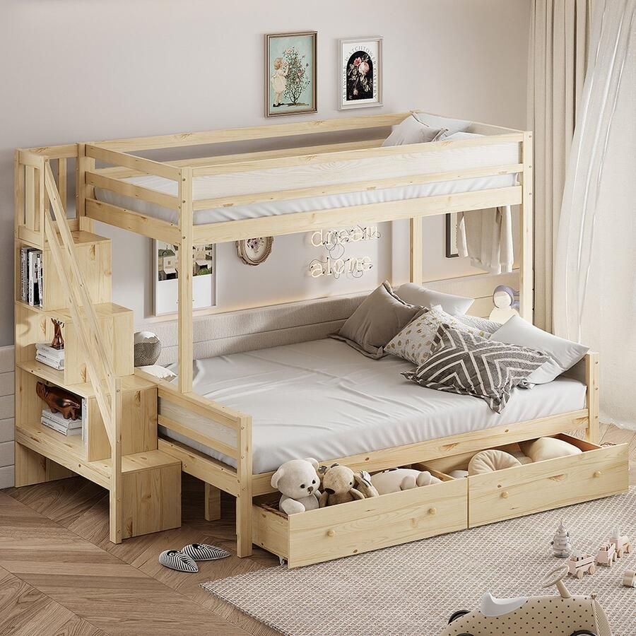 KOMHTOM Stapelbed Kinderbed 90x200 140x200 met veiligheidstreden lattenbodem en twee grote lades Natuurlijke
