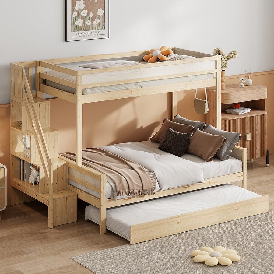 KOMHTOM Stapelbed Kinderbed 90x200 140x200 Uitschuifbed 90x190 met veiligheidstreden lattenbodem Natuurlijke