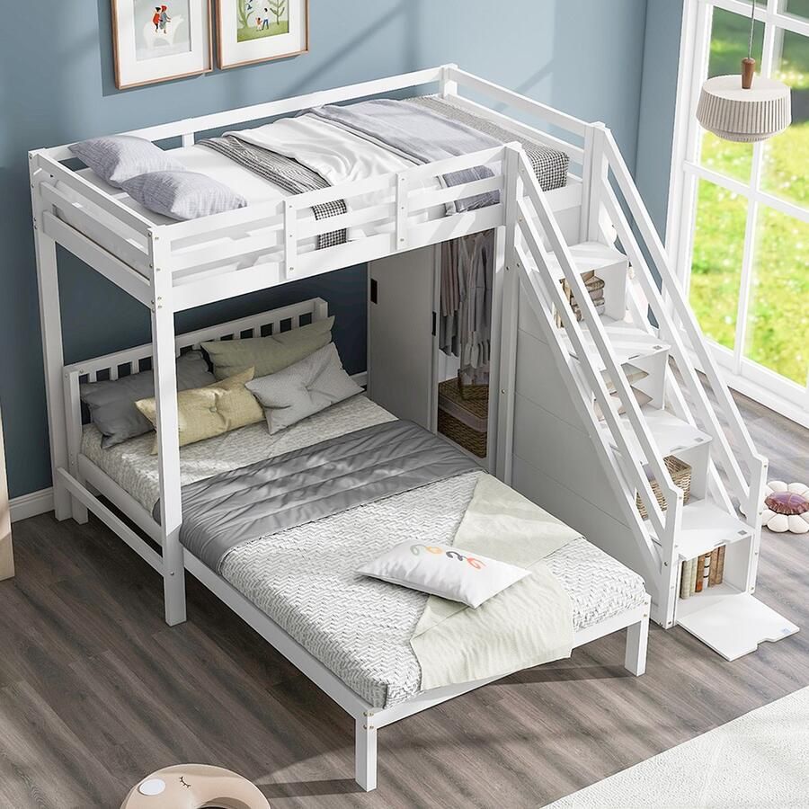 KOMHTOM Stapelbed Kinderbed 90x200cm met Bed 120x200 Multifunctioneel Grote Opbergruimte Hout Wit
