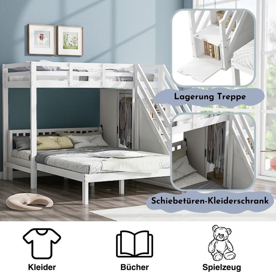 KOMHTOM Stapelbed Kinderbed 90x200cm met Bed 140x200 Multifunctioneel Grote Opbergruimte Hout Wit