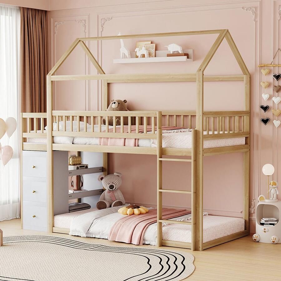 KOMHTOM Stapelbed Kinderbed Enkel bed 90x200 cm met opberg commode en planken Natuurhout