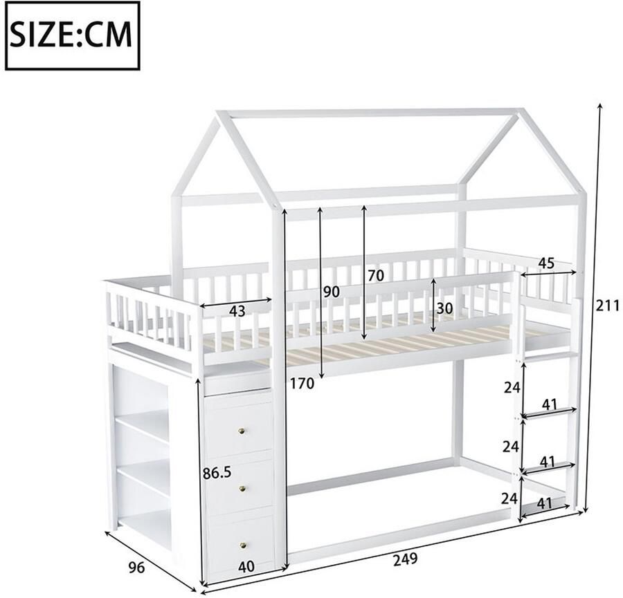 KOMHTOM Stapelbed Kinderbed Enkel bed 90x200 cm met opberg commode en planken wit