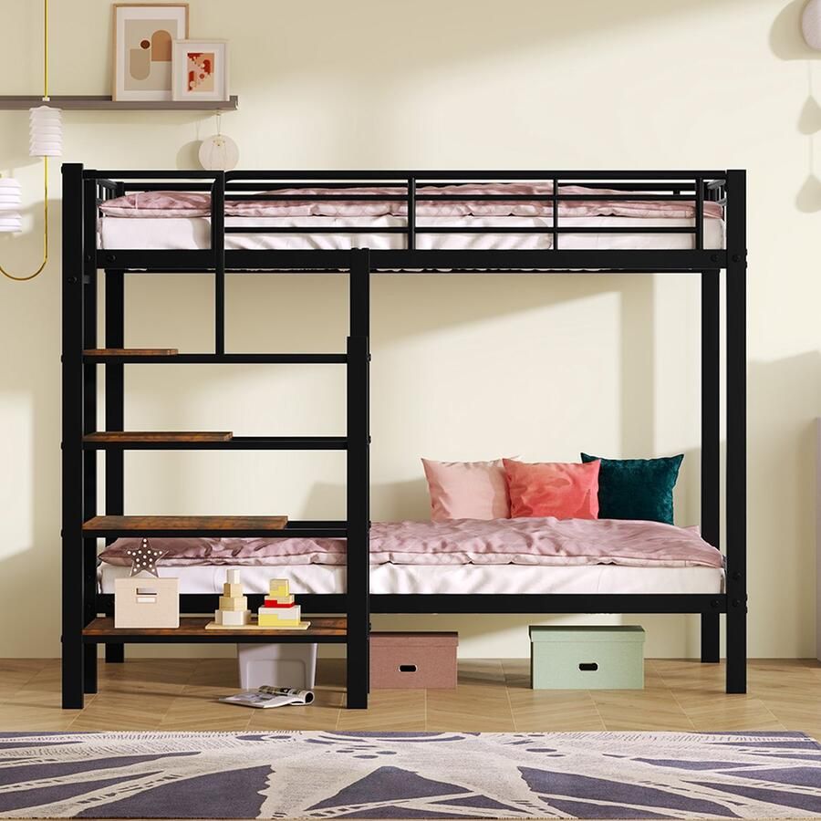 KOMHTOM Stapelbed kinderbed Hoogslaper 90x200 cm ijzeren bed met planken zwart