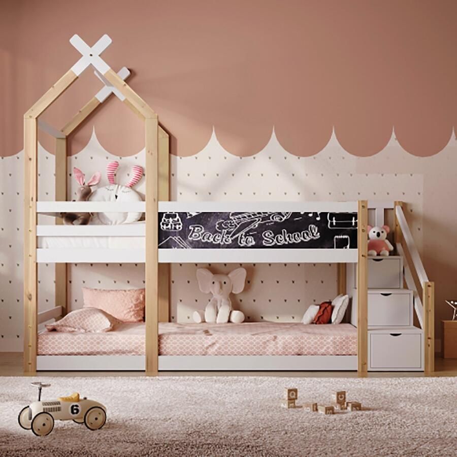 KOMHTOM Stapelbed kinderbed met opbergruimte en valbescherming Kajuitbed 90x200 cm tussenbed