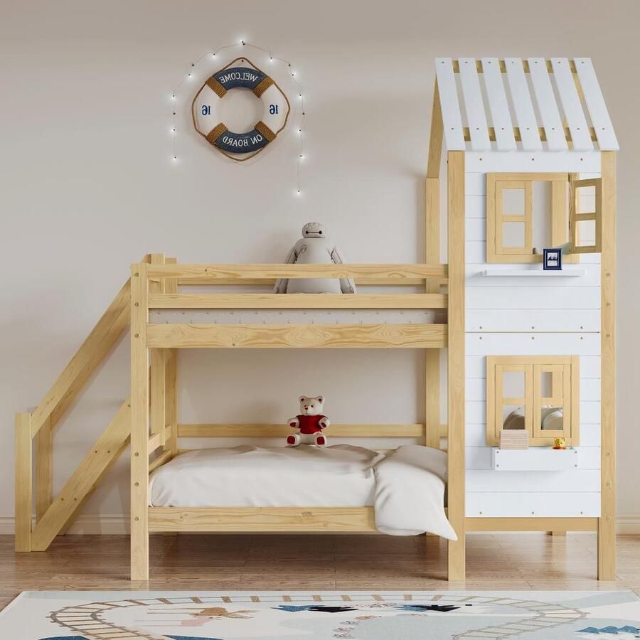 KOMHTOM Stapelbed kinderbed met valbeveiliging en barrière houten frame wit+natuurlijk 90x200 cm