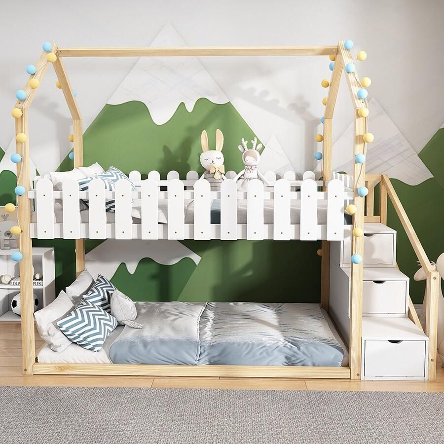KOMHTOM Stapelbed Kinderhutbed 90x200 cm met 3 traptreden 3 planken massief houten schuttingdecor Natuurlijk