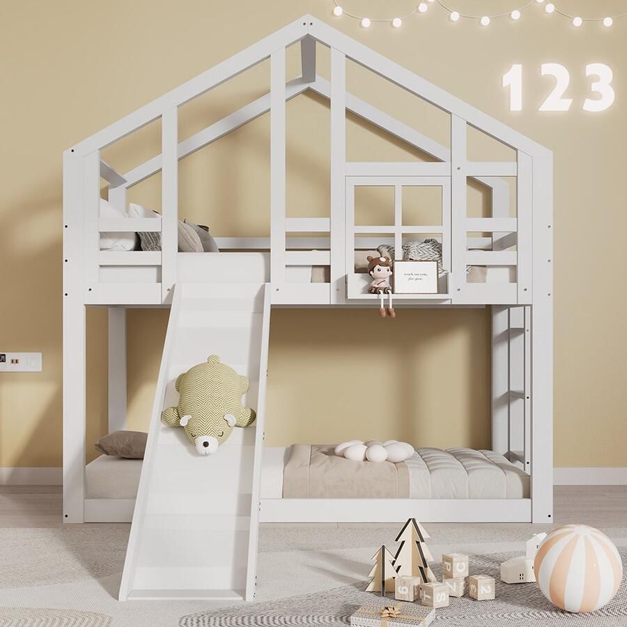 KOMHTOM Stapelbed met glijbaan en ladder Bed 90x200 cm met valbeveiliging 2 plaatsen wit