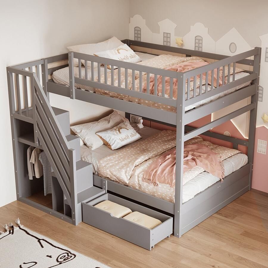 Pugsdrly Massief houten stapelbed 140*200 cm met hoog veiligheidshek met lattenbodem veiligheidsladder met opbergruimte met opberglades kinderbed junior tweepersoonsbed grijs