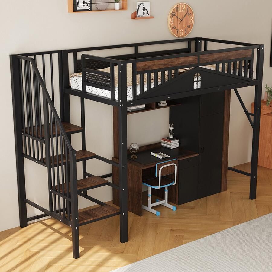 Pugsdrly Metalen hoogslaper 90 x 200 cm unieke veiligheidsrand met raam met veiligheidsladder voldoende ruimte onder het bed voor een vrije stoffen bekleding zwart