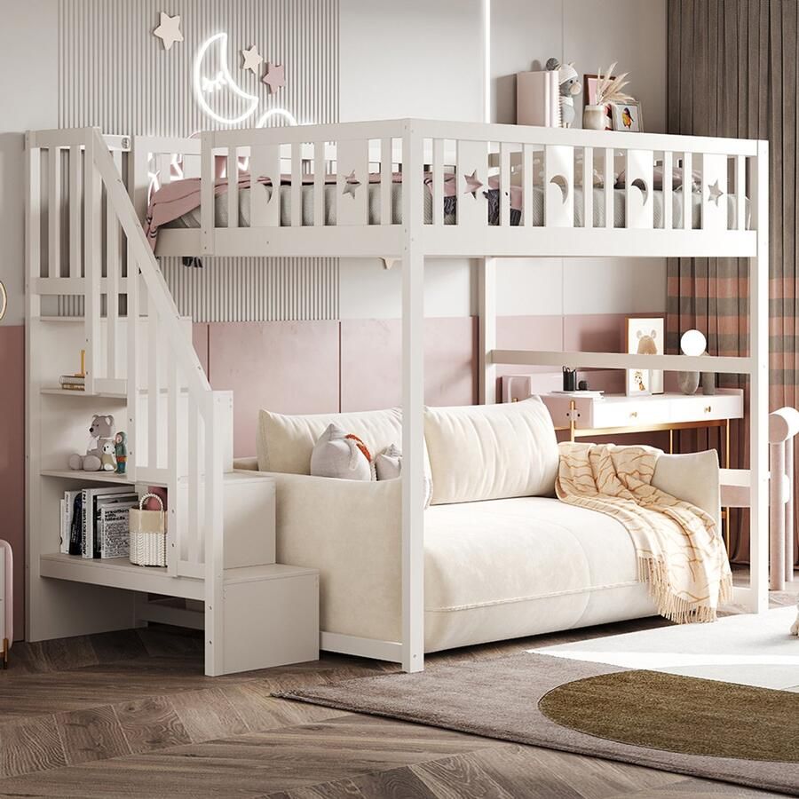 Pugsdrly Hoogslaper 140*200 cm Kinderhoogslaper Massief houten frame Met trap en veiligheidshek Inclusief sterren- en maandeffect Wit