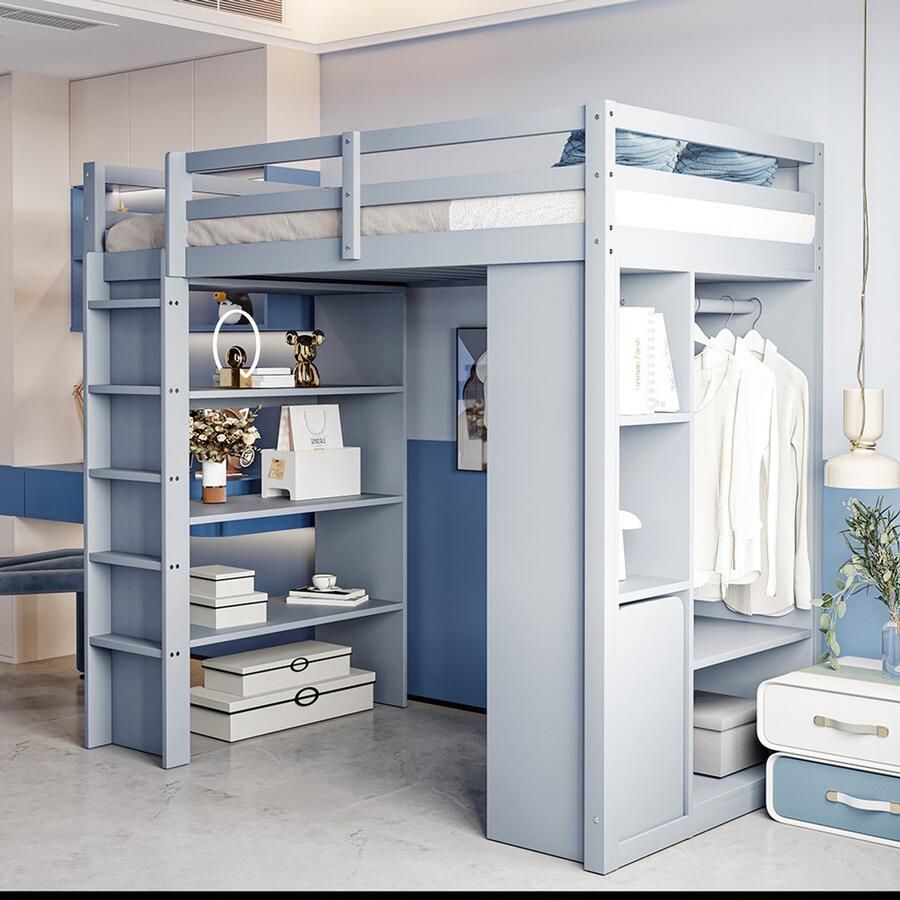 KOMHTOM Stapelbed voor kinderen 90*200 cm met planken op verschillende niveaus met eenvoudige kleerhangers en opbergvakken met 1 uitneembare opbergwagen veel opbergruimte bed voor tieners eenpersoonsbed grijs