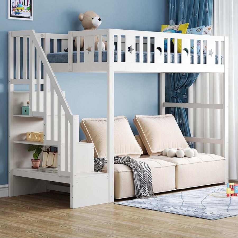 Pugsdrly Hoogslaper 90*200 cm Kinderhoogslaper Massief houten frame Met trap en veiligheidshek Inclusief sterren- en maandeffect Wit