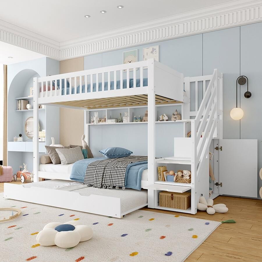 KOMHTOM Stapelbed (zonder matras) kinderbed met uitschuifbed plank kast opbergvak 90 x 200 cm wit