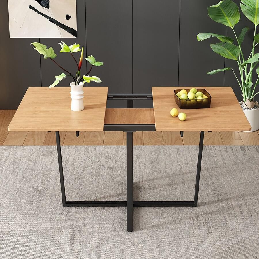KOMHTOM Tafel Eettafel Uitschuifbare eettafel geschikt voor 4-6 personen zwart metalen tafelpoten modern en sober Licht eiken