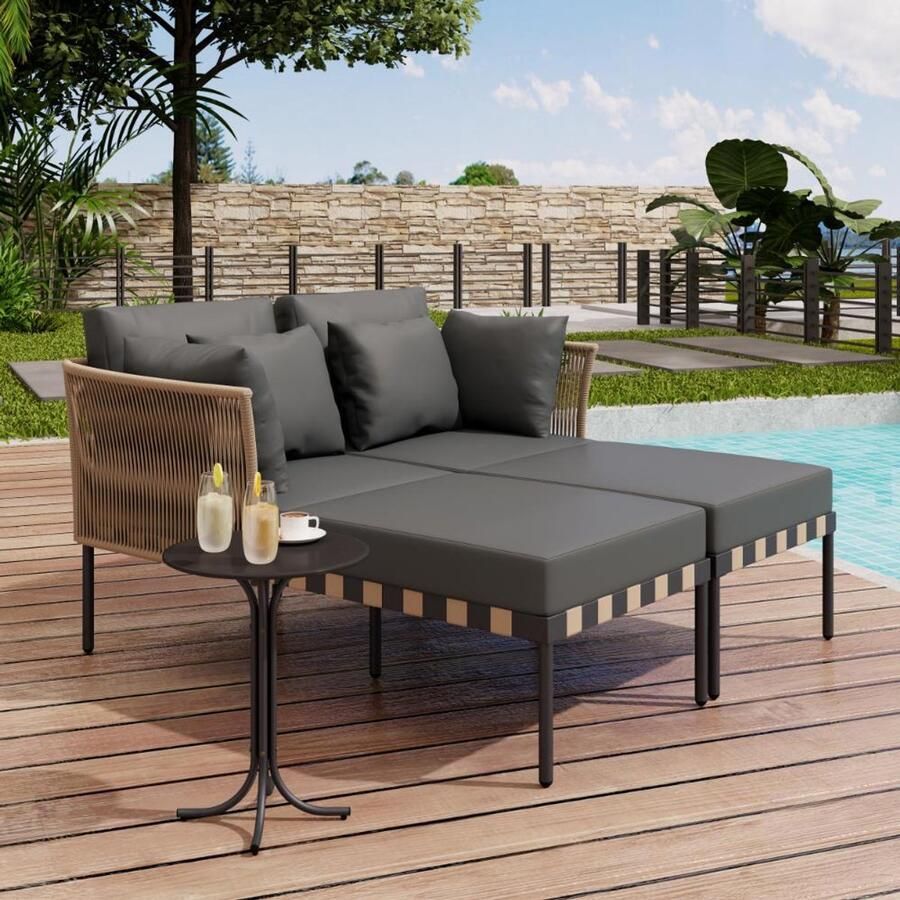 KOMHTOM Tuinbank Verstelbare en modulaire fauteuil set met bijzettafel met 4 afneembare en wasbare kussens grijs