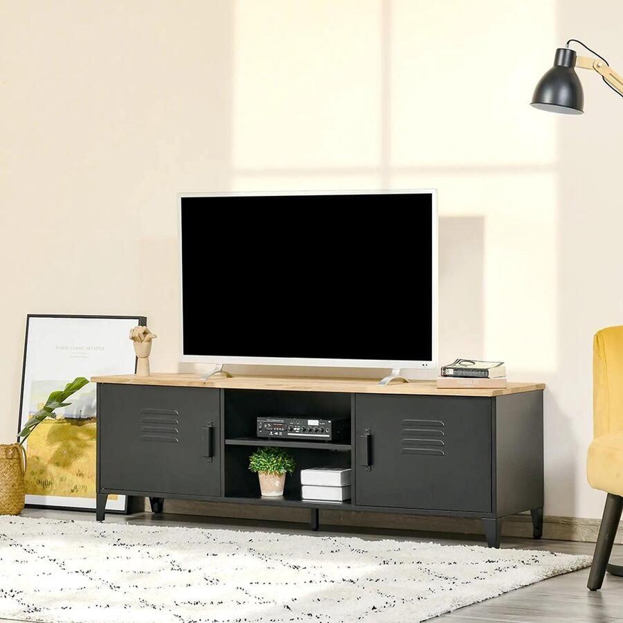 KOMHTOM TV-meubel Bank voor televisies van 55 inch met 2 kastjes Verstelbare poten Zwart metalen frame Blad van natuurlijk hout