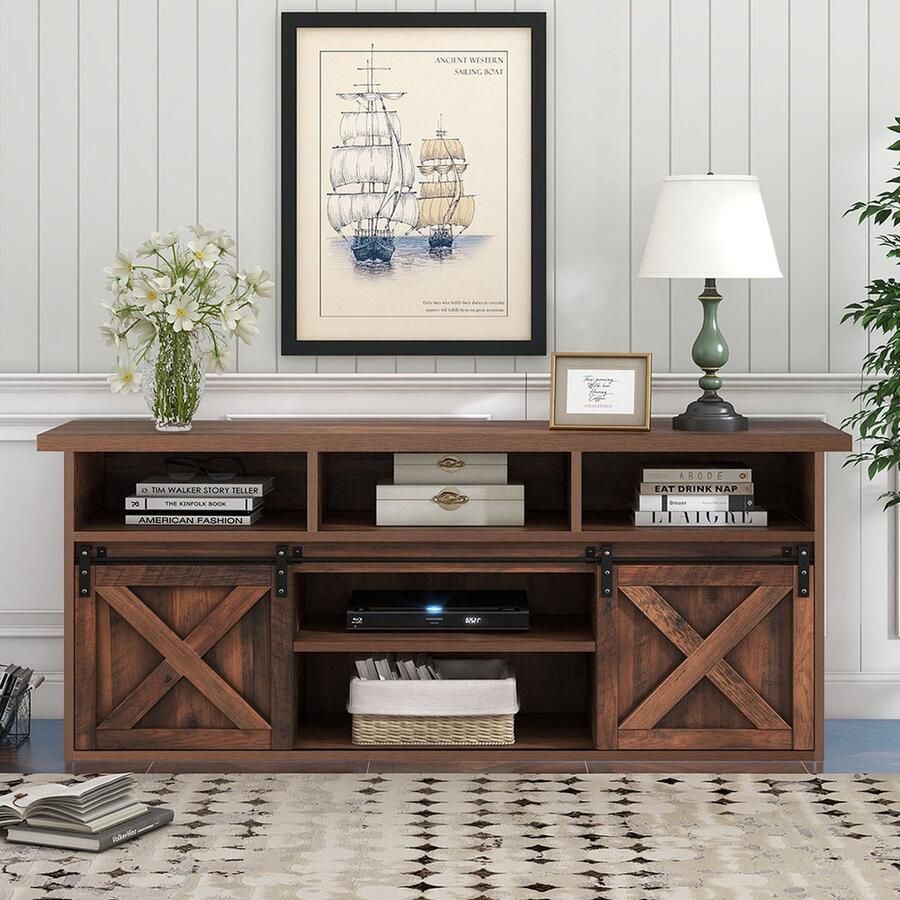 KOMHTOM Tv meubel Dressoir TV-kast met 2 schuifdeuren 9 opbergvakken 2 lades en grijsbruine LED-verlichting