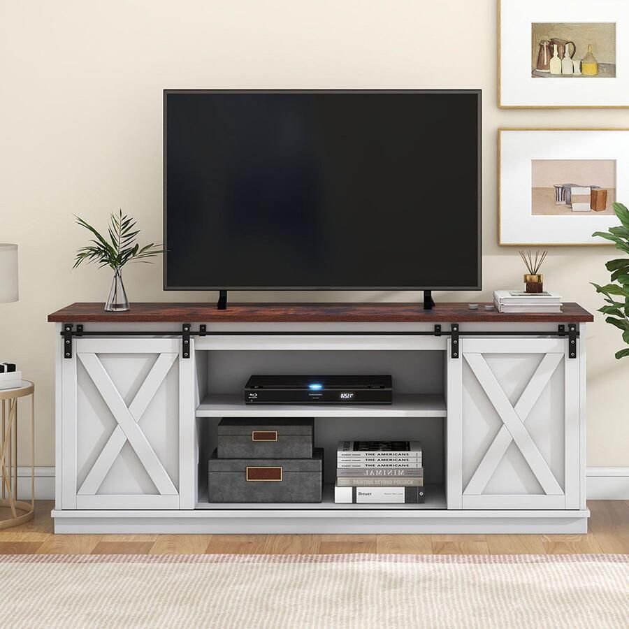 KOMHTOM Tv meubel Dressoir kast met schuifdeuren veel opbergruimte verstelbare planken en 16-kleuren LED verlichting Wit