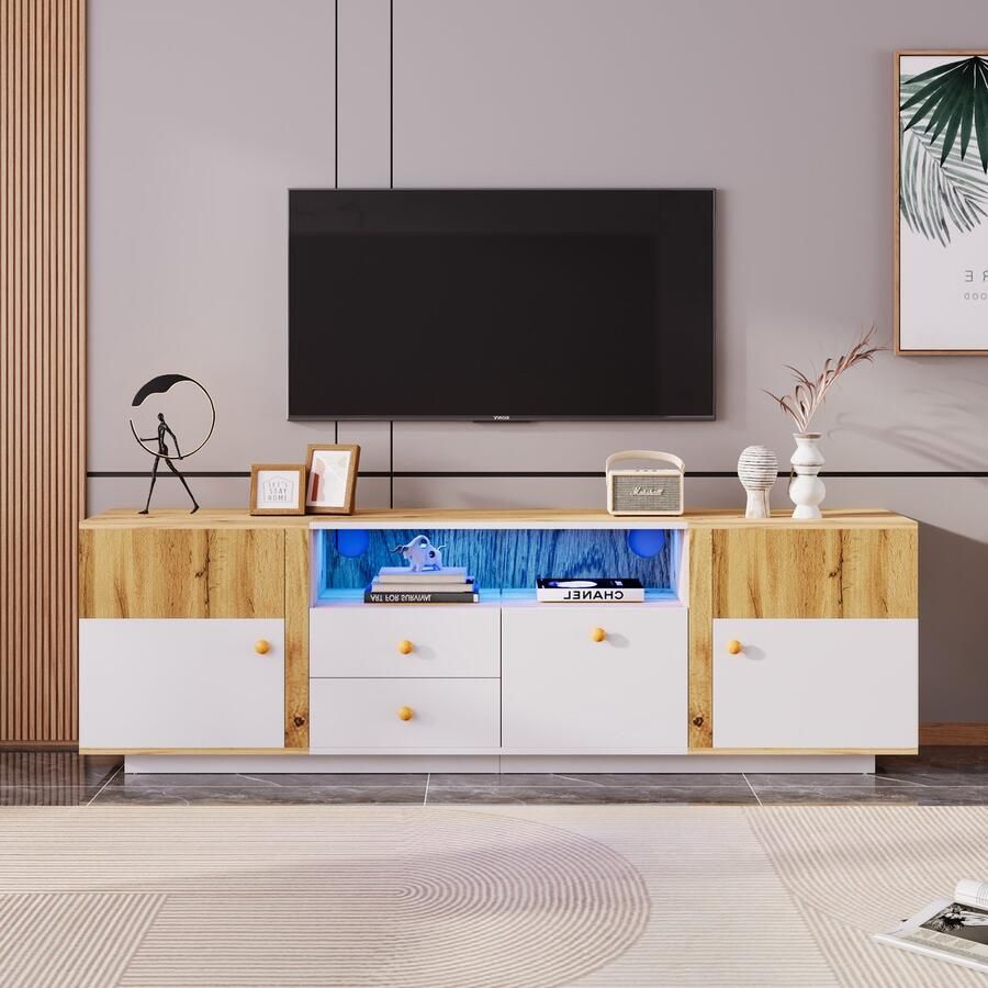 YJZQ Modern tv-meubel met LED-licht Houten tv-meubel Entertainmentcentrum met opbergladen Open planken met glazen scheidingswand Wit en natuurlijke kleur