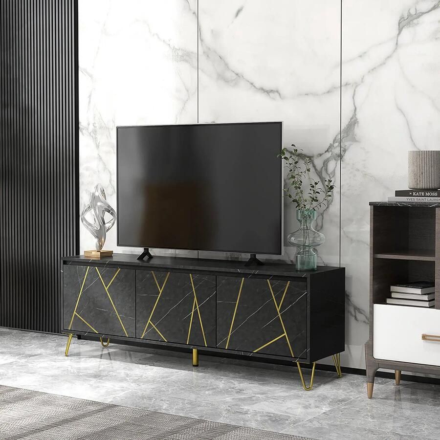 KOMHTOM TV-meubel met bank in marmerlook 2 kasten 3 deuren met softclose verstelbare legplanken kabelgoot en metalen poten