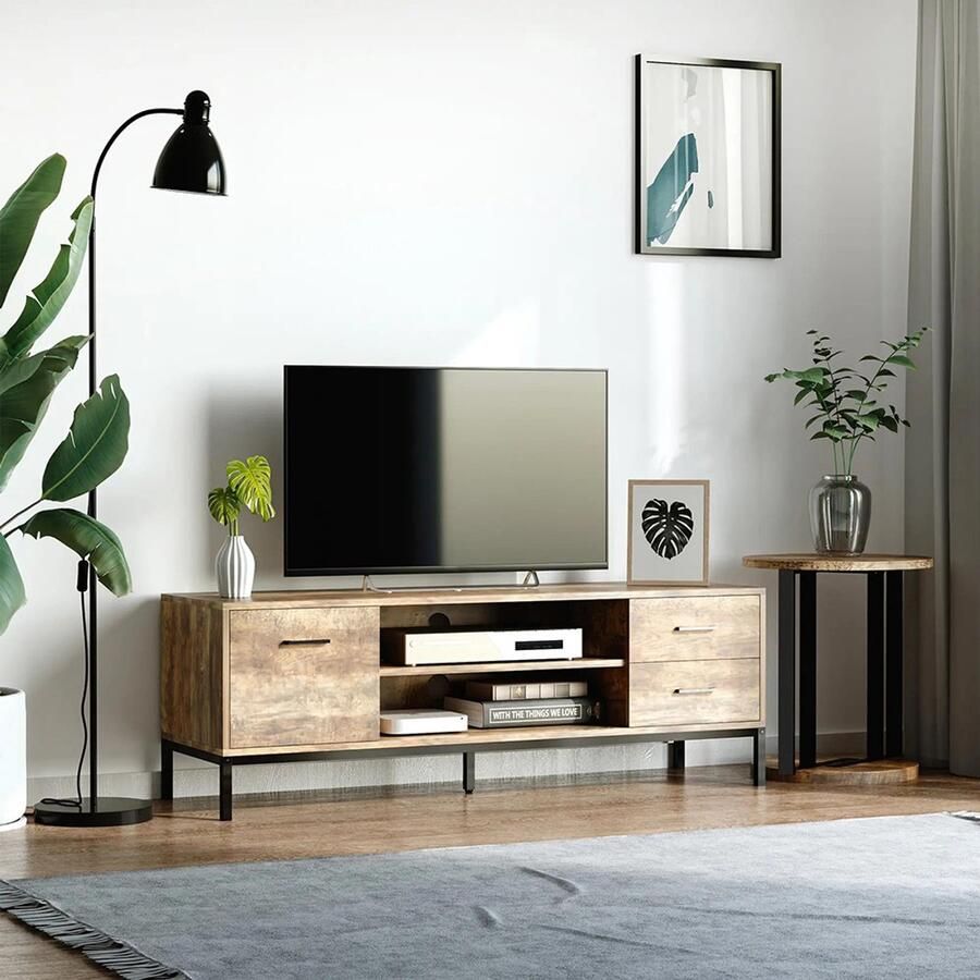 KOMHTOM TV-meubel met bank voor tv's tot 50 inch kast met 2 lades en plank 2 kabeldoorvoeren 132 x 39 x 455 cm bruin zwart