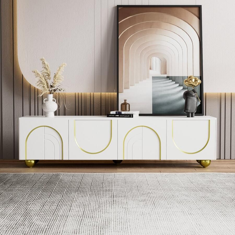 Sweiko TV Kast Ronde Gouden Poten Push open Wit Laag Paneel met getextureerde deuren versierd met gouden bogen gouden sieraden