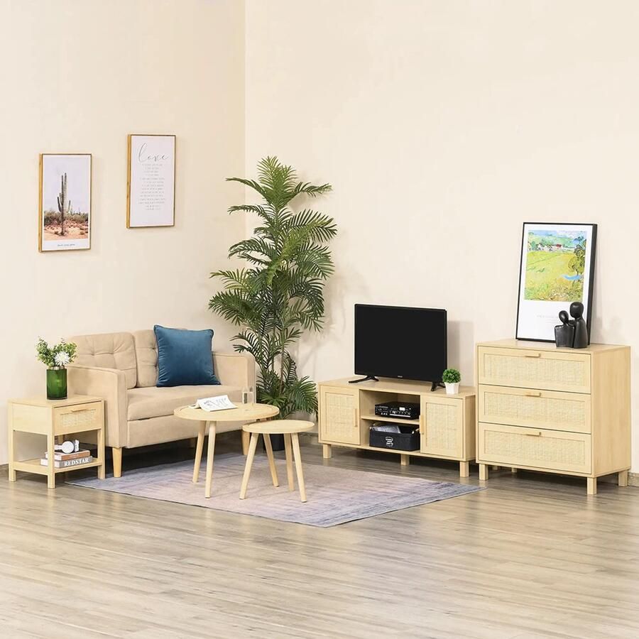 KOMHTOM TV-meubel TV-bank 2 nissen 2 kastjes Rieten deur van rotan afm. 115L x 40B x 48H cm MDF Licht houtlook