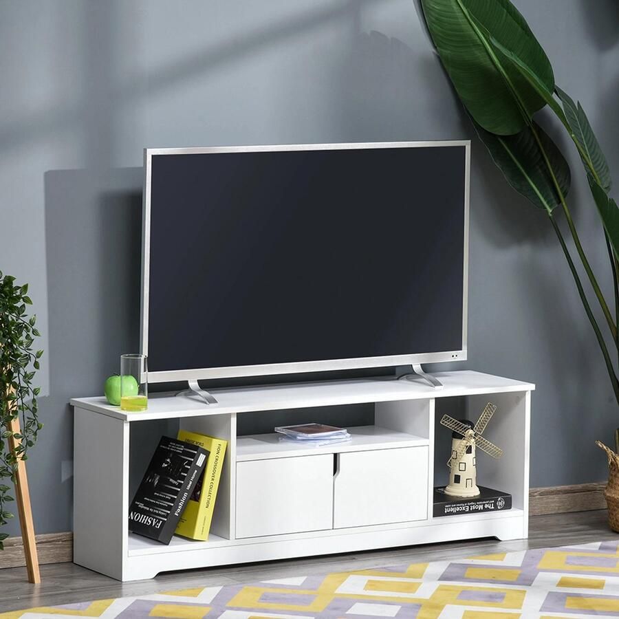 KOMHTOM TV-meubel TV-bank Eigentijds design 3 nissen Dubbele deurkast afm. 120L x 30B x 41H cm Witte spaanplaat