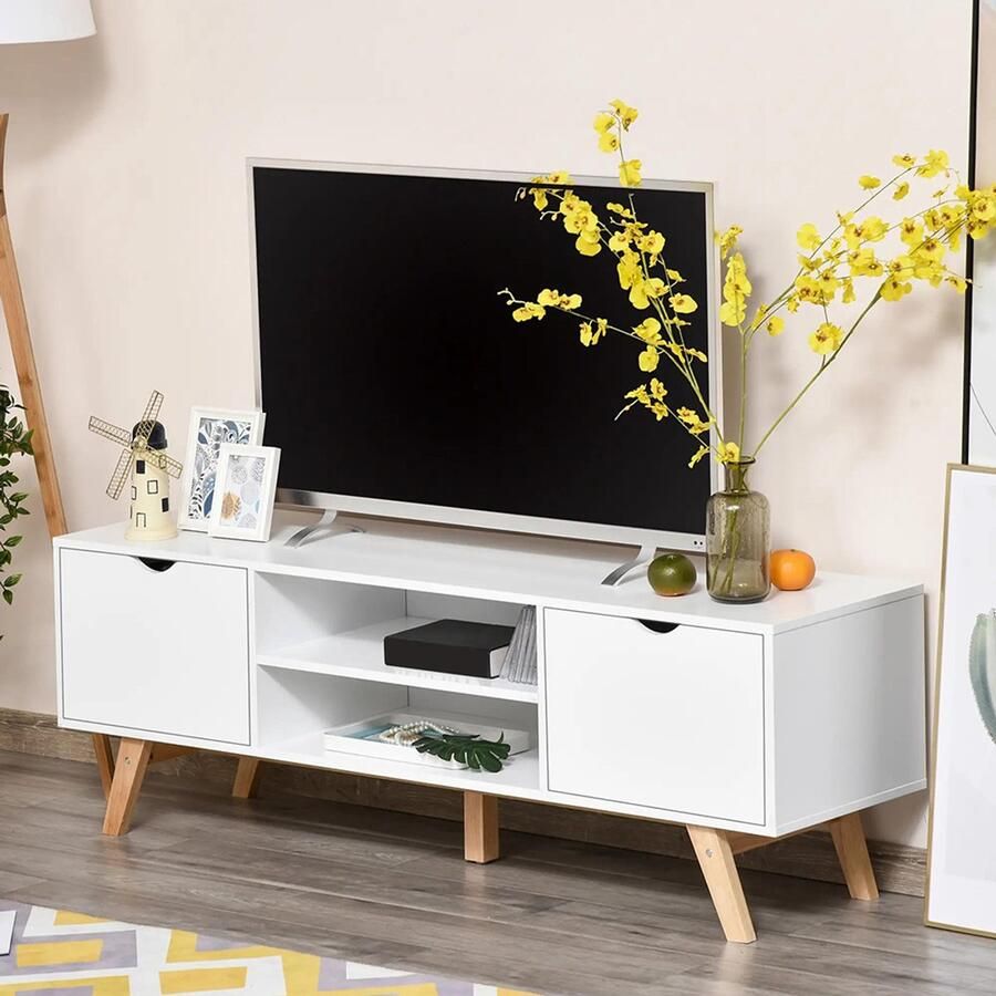 KOMHTOM TV-meubel TV-bank op voet Modern Scandinavisch 2 deuren 2 nissen in wit hout 150L x 39B x 50H cm
