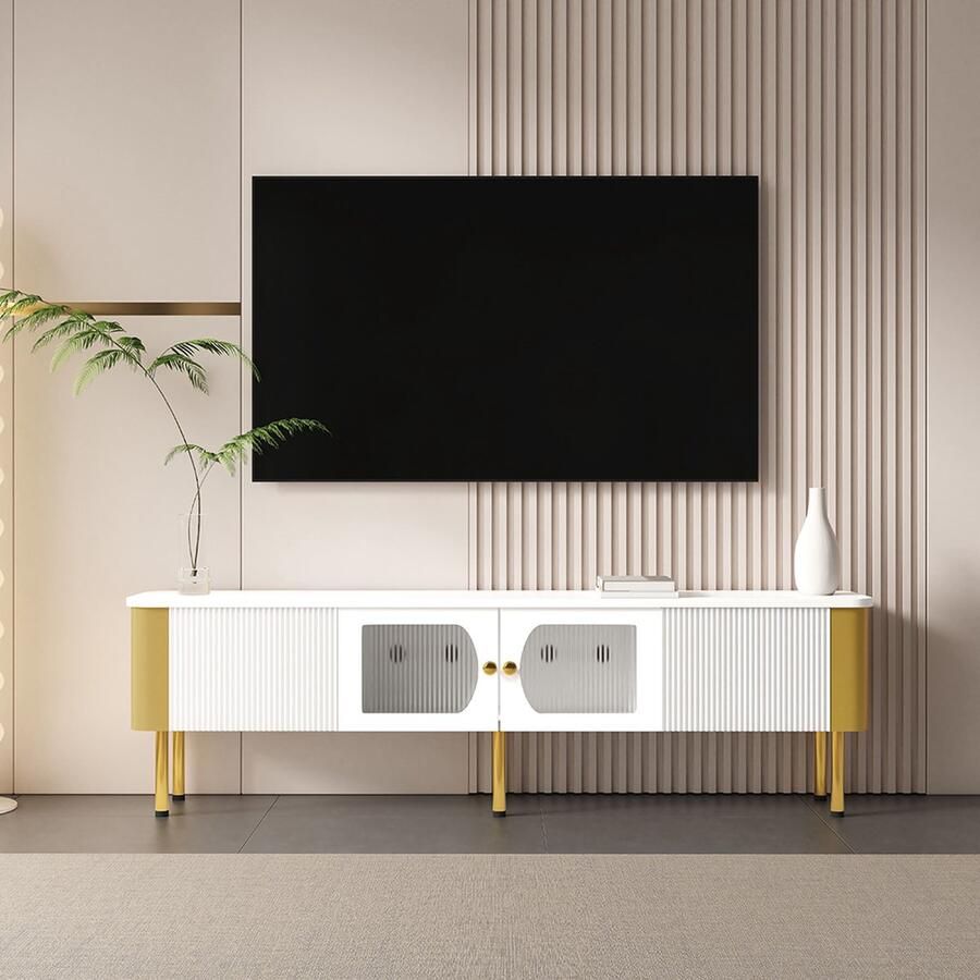 KOMHTOM TV meubel TV kast met 2 lades en speciaal gevormde deurpanel Gouden handgrep en pootjes Wit