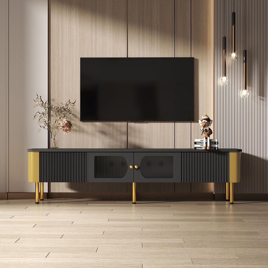 KOMHTOM TV meubel TV kast met 2 lades en speciaal gevormde deurpanel Gouden handgrep en pootjes Zwart