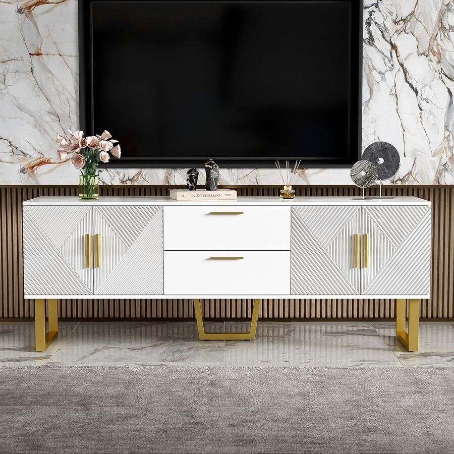 KOMHTOM TV meubel TV kast met verhoogde lijnen en twee lades Wit