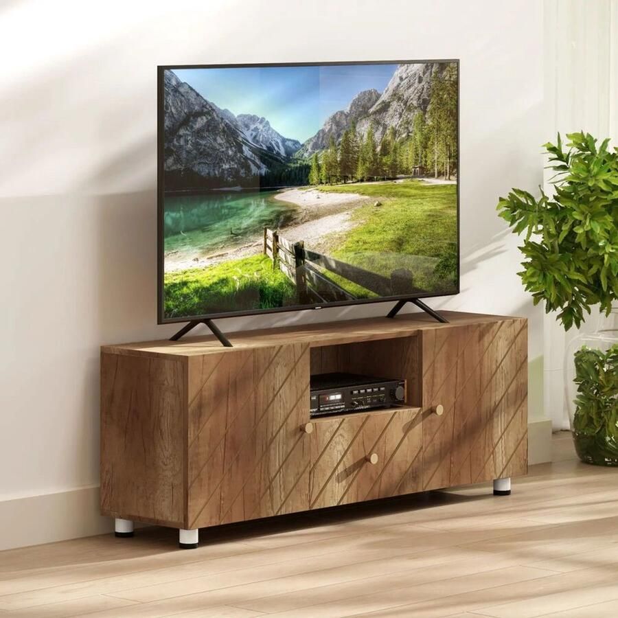 KOMHTOM TV-meubel voor televisies tot 50 inch met 2 kastjes open vak en lade in naturel hout