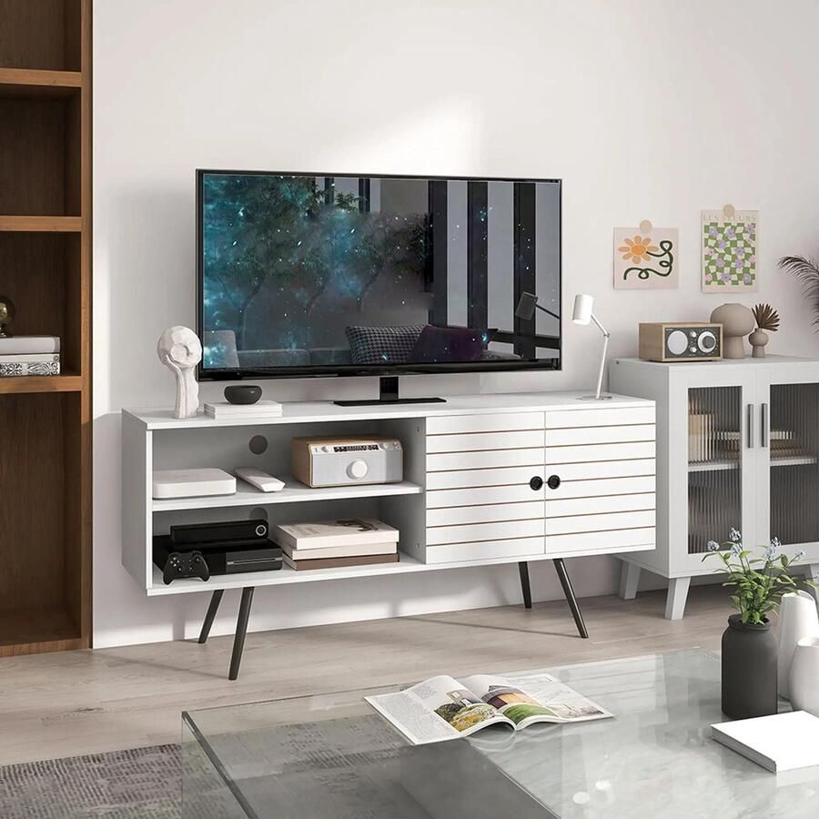 KOMHTOM TV-meubel voor televisies tot 65 inch met 2 open vakken en 1 verstelbare plank 145x38x65 cm Wit