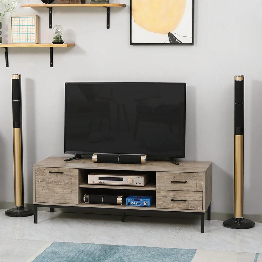 KOMHTOM TV-meubel voor tv's tot 50 inch kast met 2 lades en 2 nissen 2 kabeldoorvoeren 132 x 39 x 455 cm grijs zwart