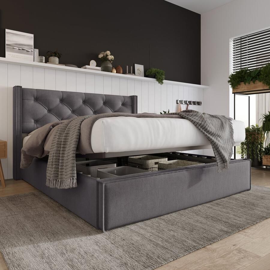 KOMHTOM Tweepersoons Bed 140x200 cm met grijze opbergruimte Commodebed Metalen lattenbodem