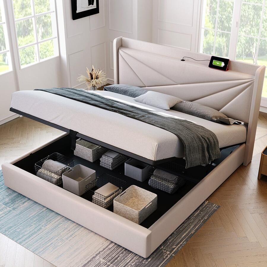 KOMHTOM Tweepersoonsbed 140x200 cm bed Commode Opbergbed Hoofdbord met USB-oplaadfunctie Beige