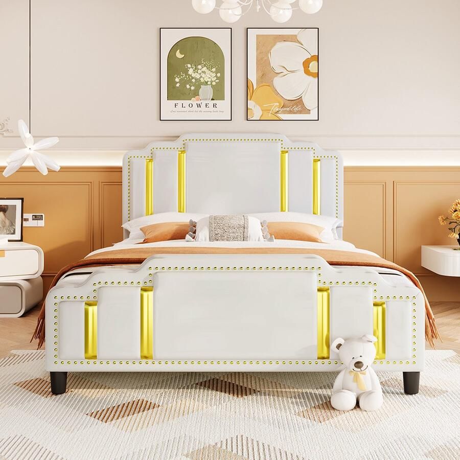 KOMHTOM Tweepersoonsbed 140x200 cm bed gestoffeerd bed gouden strepen lichte luxe stijl beige