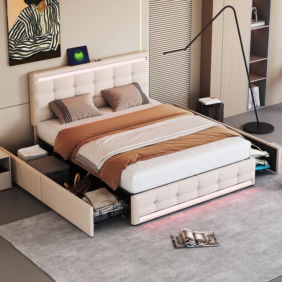 KOMHTOM Tweepersoonsbed 140x200 cm Bed met laden Bed volwassenen met 2 USB-oplaadpunten 4 laden Beige