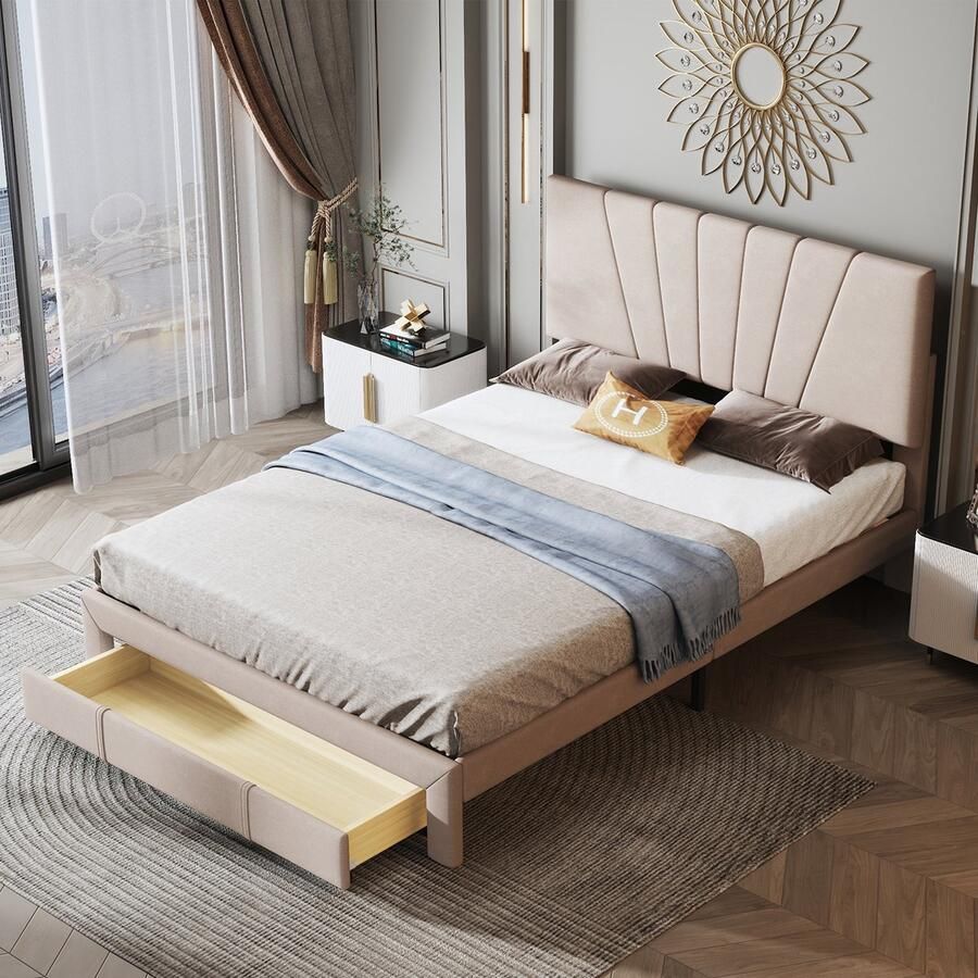 KOMHTOM Tweepersoonsbed 140x200 cm Bed met laden Gestoffeerd voor volwassenen en tieners Beige