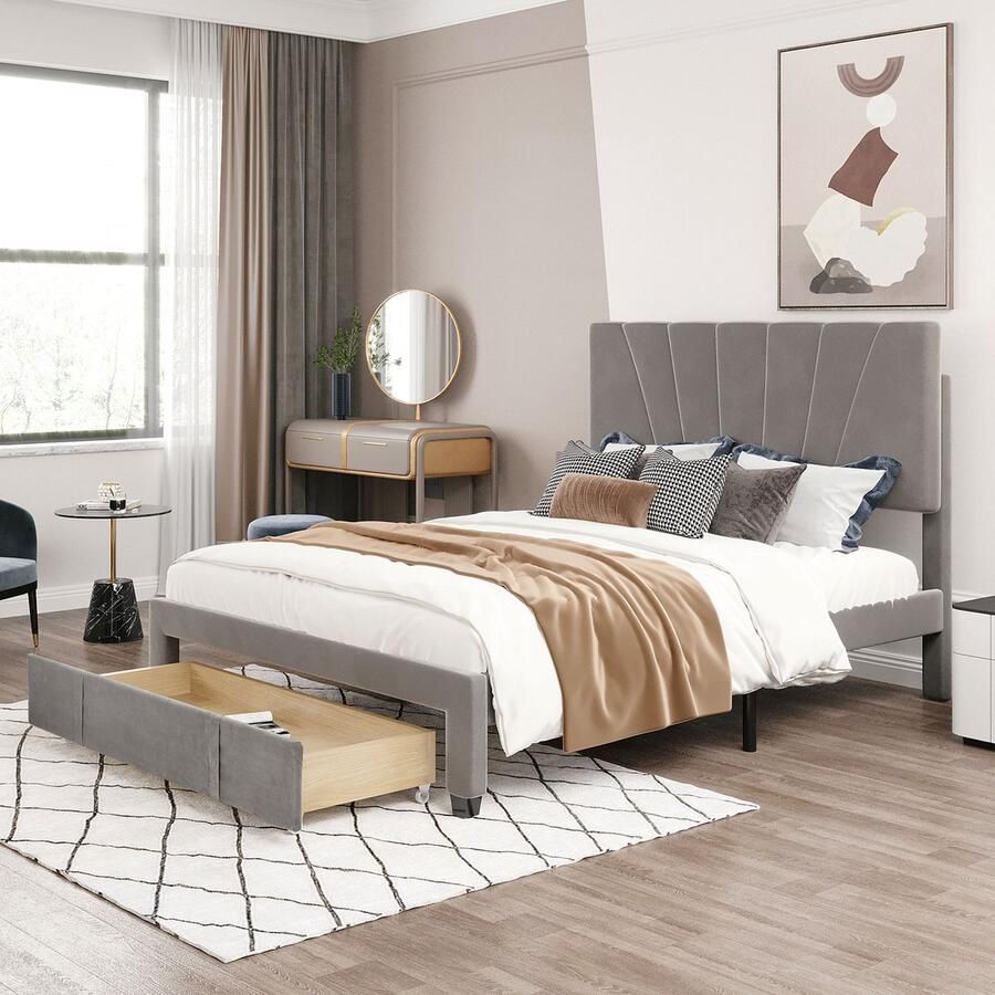 KOMHTOM Tweepersoonsbed 140x200 cm Bed met laden Gestoffeerd voor volwassenen en tieners Grijs