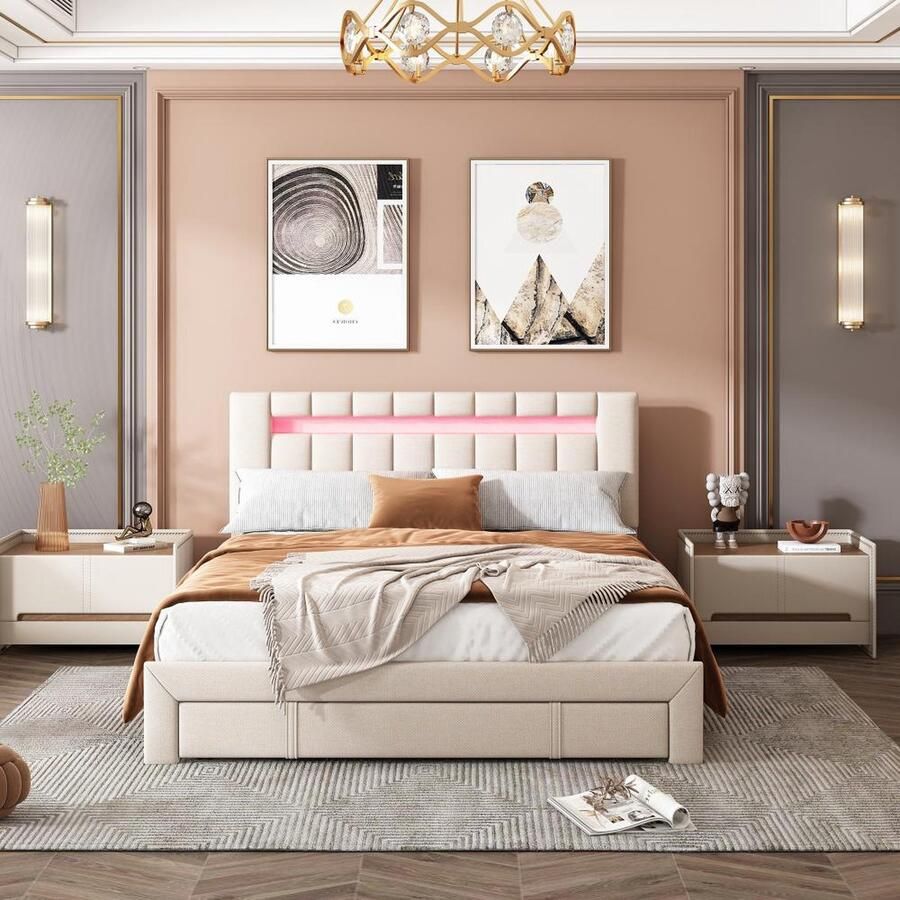 KOMHTOM Tweepersoonsbed 140x200 cm Bed met laden met LED-verlichting Lades met grote capaciteit Beige