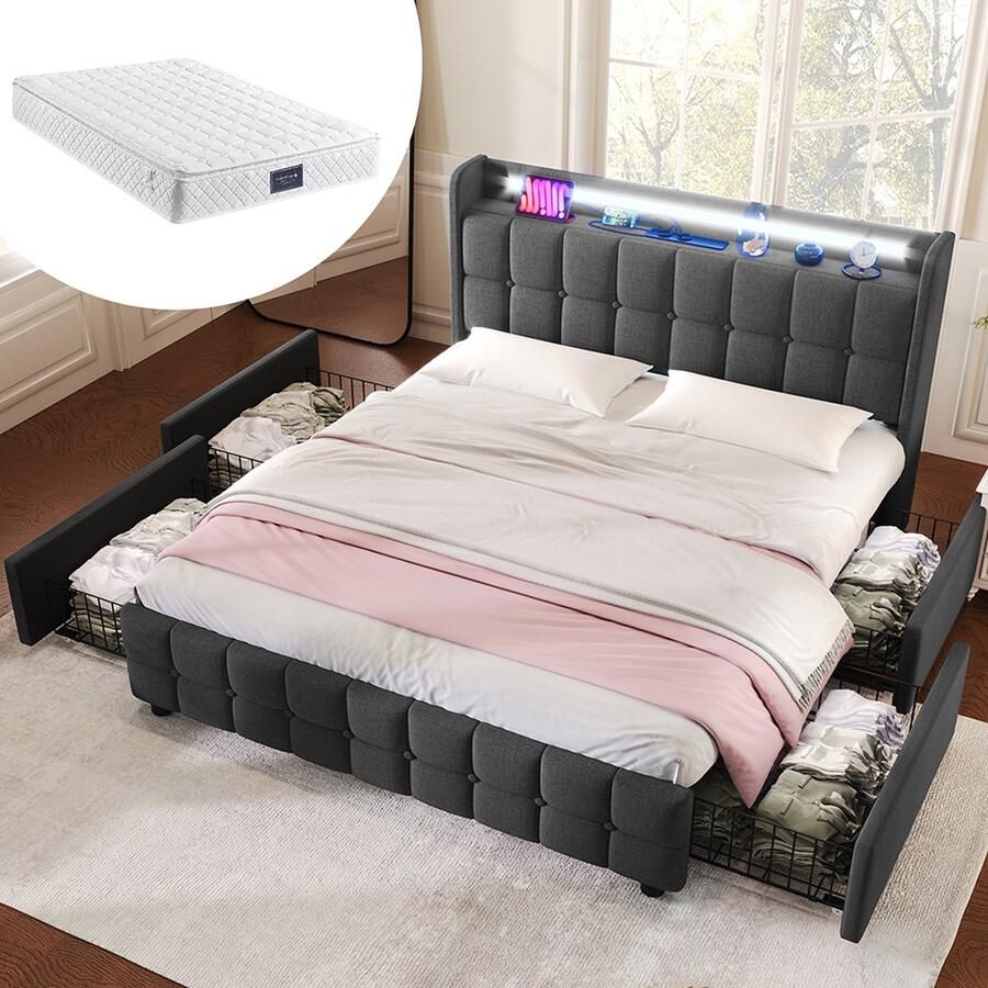 KOMHTOM Tweepersoonsbed 140x200 cm Bed met laden USB-oplaadbaar Hoofdbord en LED-verlichting en 4 laden Opbergbedden Grijs Met matras