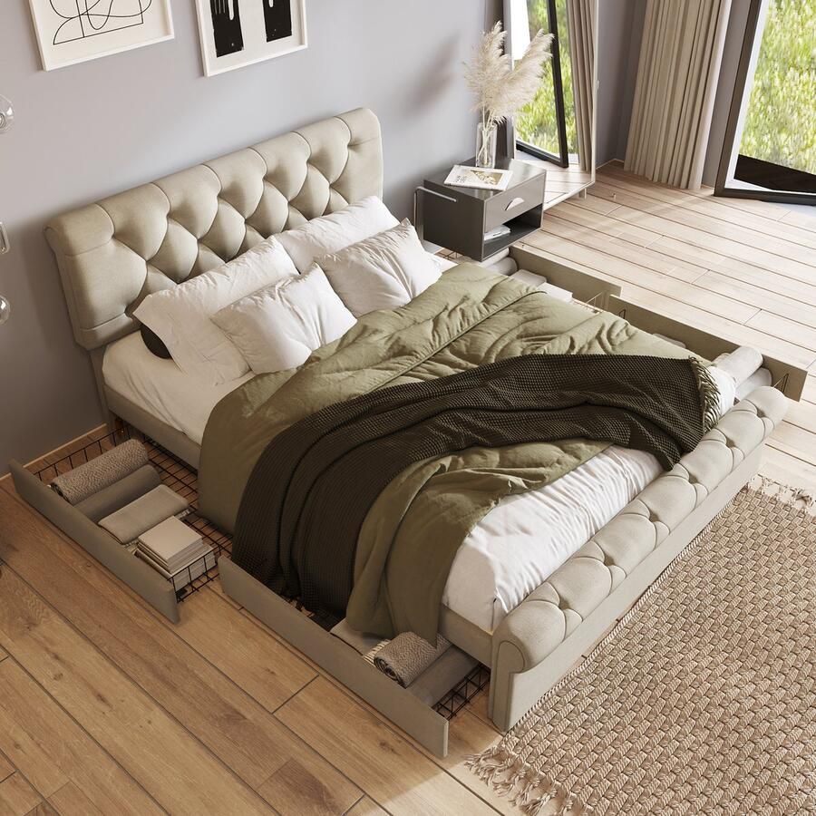 KOMHTOM Tweepersoonsbed 140x200 cm Bed volwassenen In hoogte verstelbaar hoofdbord opbergbed Bed met 4 laden